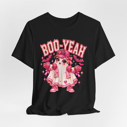 Boo-Yeah! Pink Gym Girlie Ghost Tee — Halloween Workout Shirt