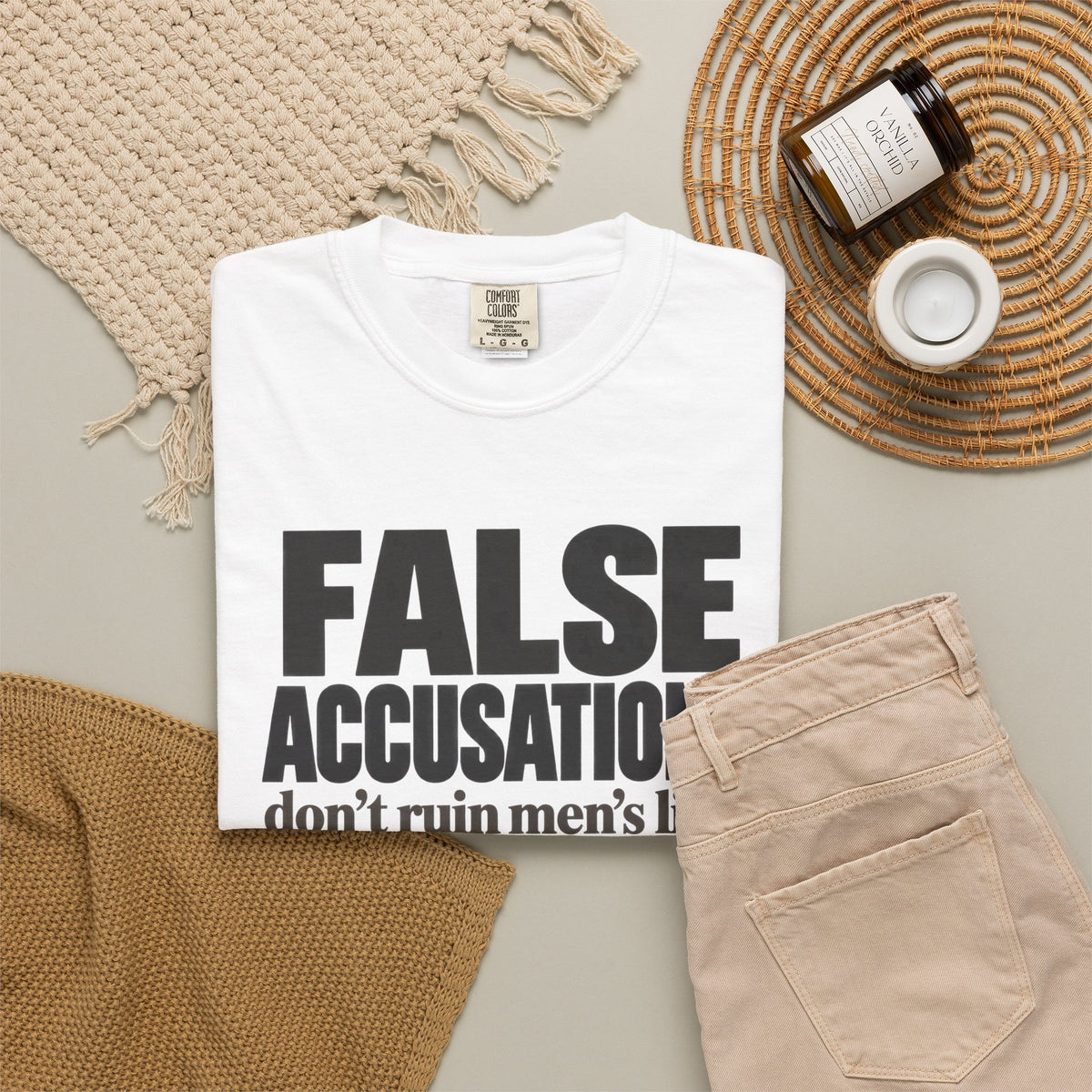 False Accusations / Real Accusations Front-Print Tee — Light Colors