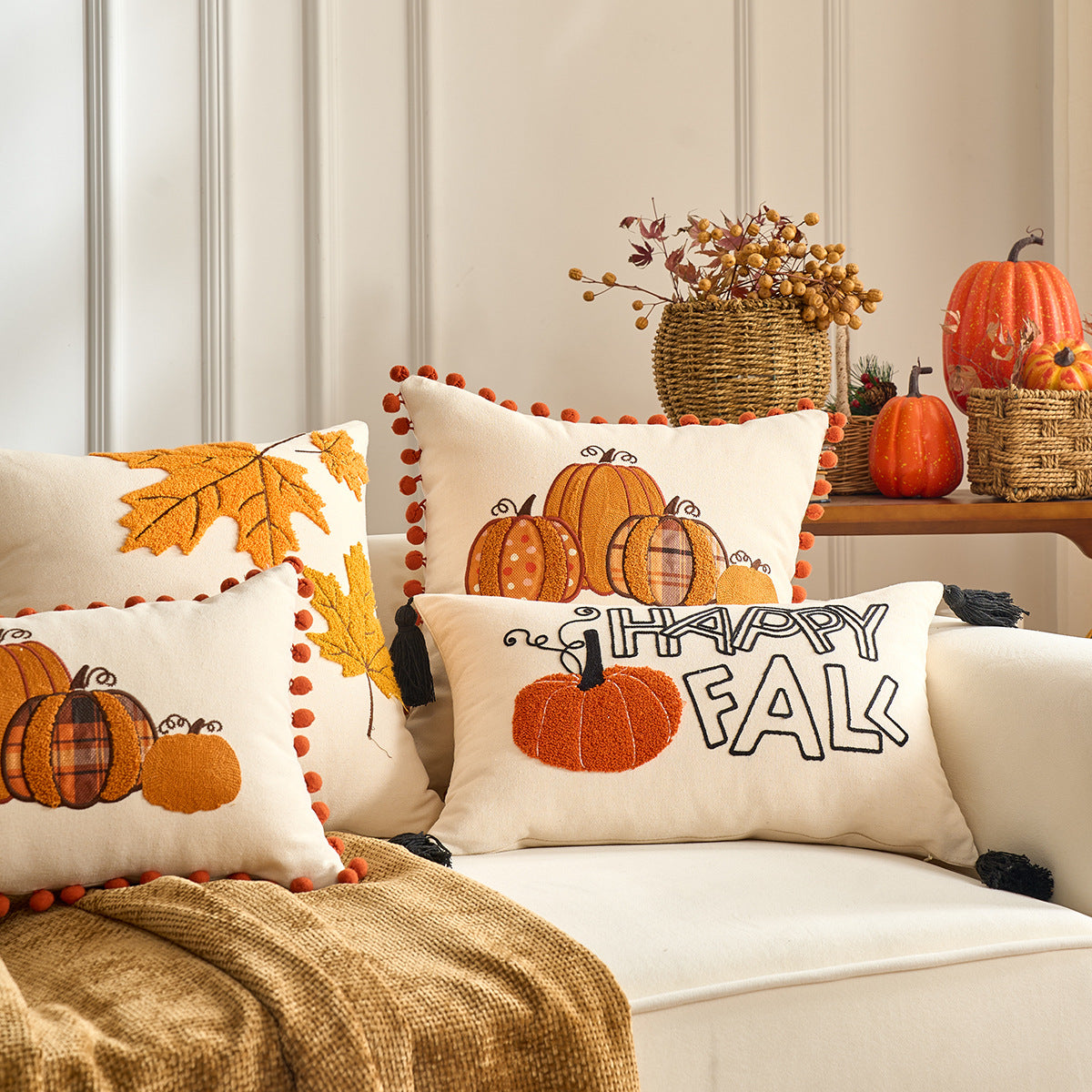 Autumn Pumpkin & Maple Leaf Decorative Pillow Cover