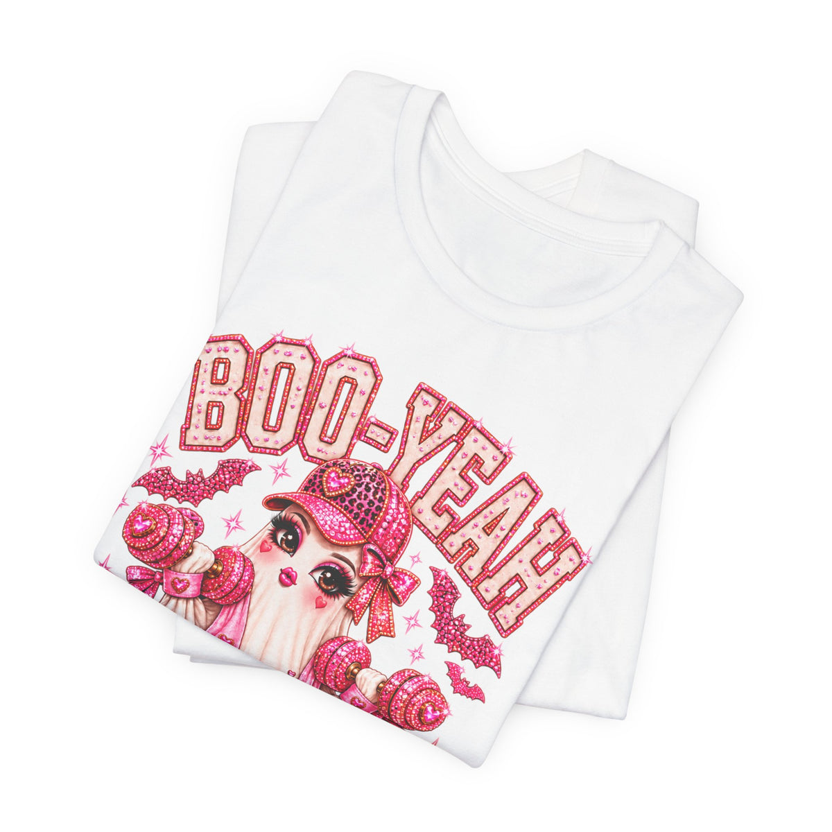 Boo-Yeah! Pink Gym Girlie Ghost Tee — Halloween Workout Shirt