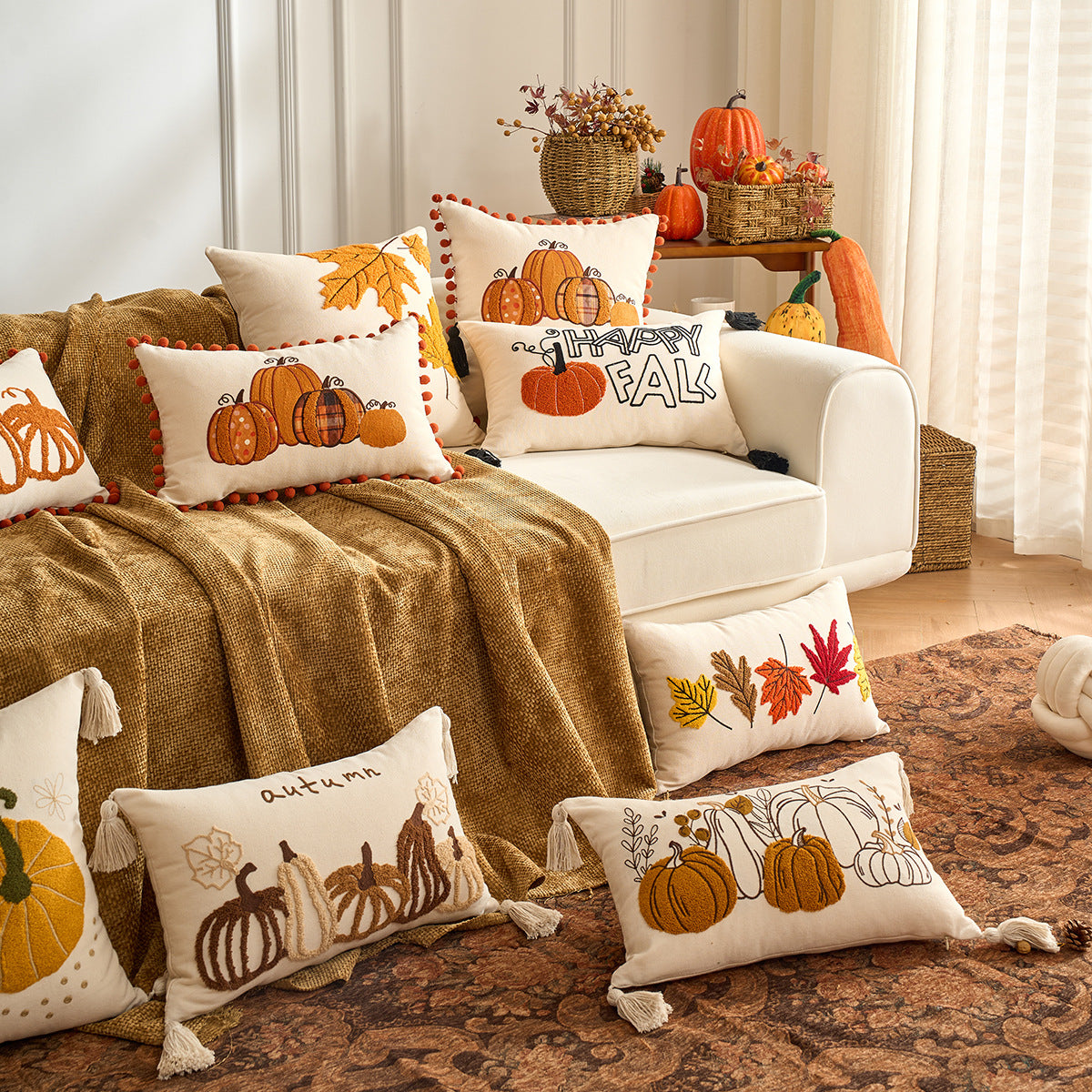 Autumn Pumpkin & Maple Leaf Decorative Pillow Cover
