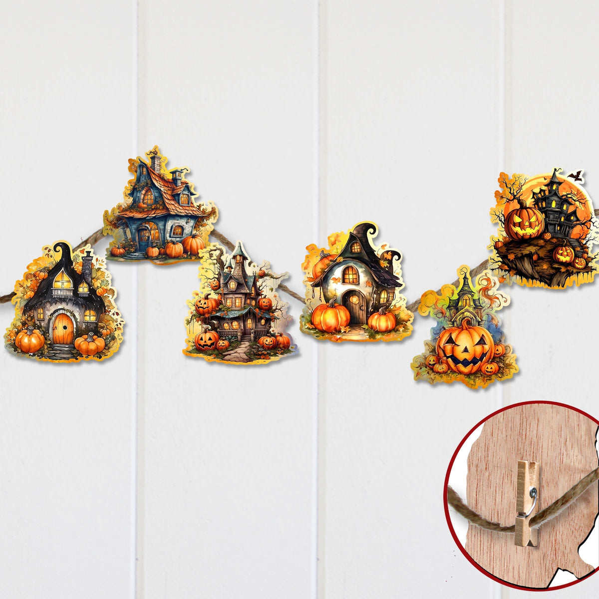 Spooky Houses Wooden Clip Ornament Set – 6 Piece