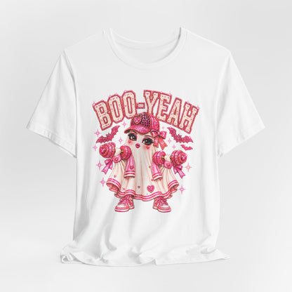 Boo-Yeah! Pink Gym Girlie Ghost Tee — Halloween Workout Shirt