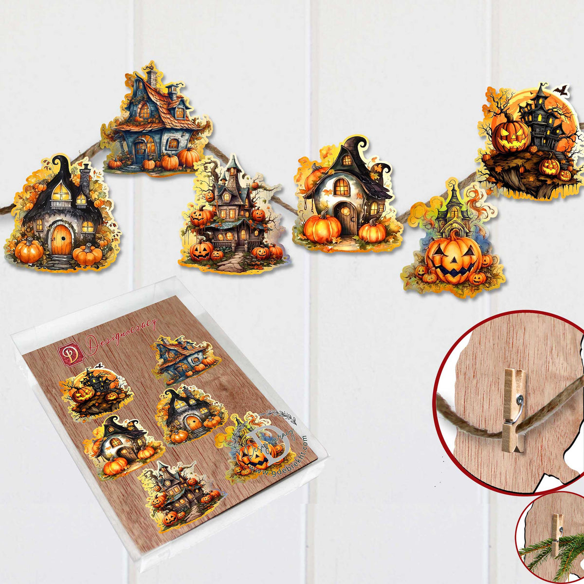 Spooky Houses Wooden Clip Ornament Set – 6 Piece