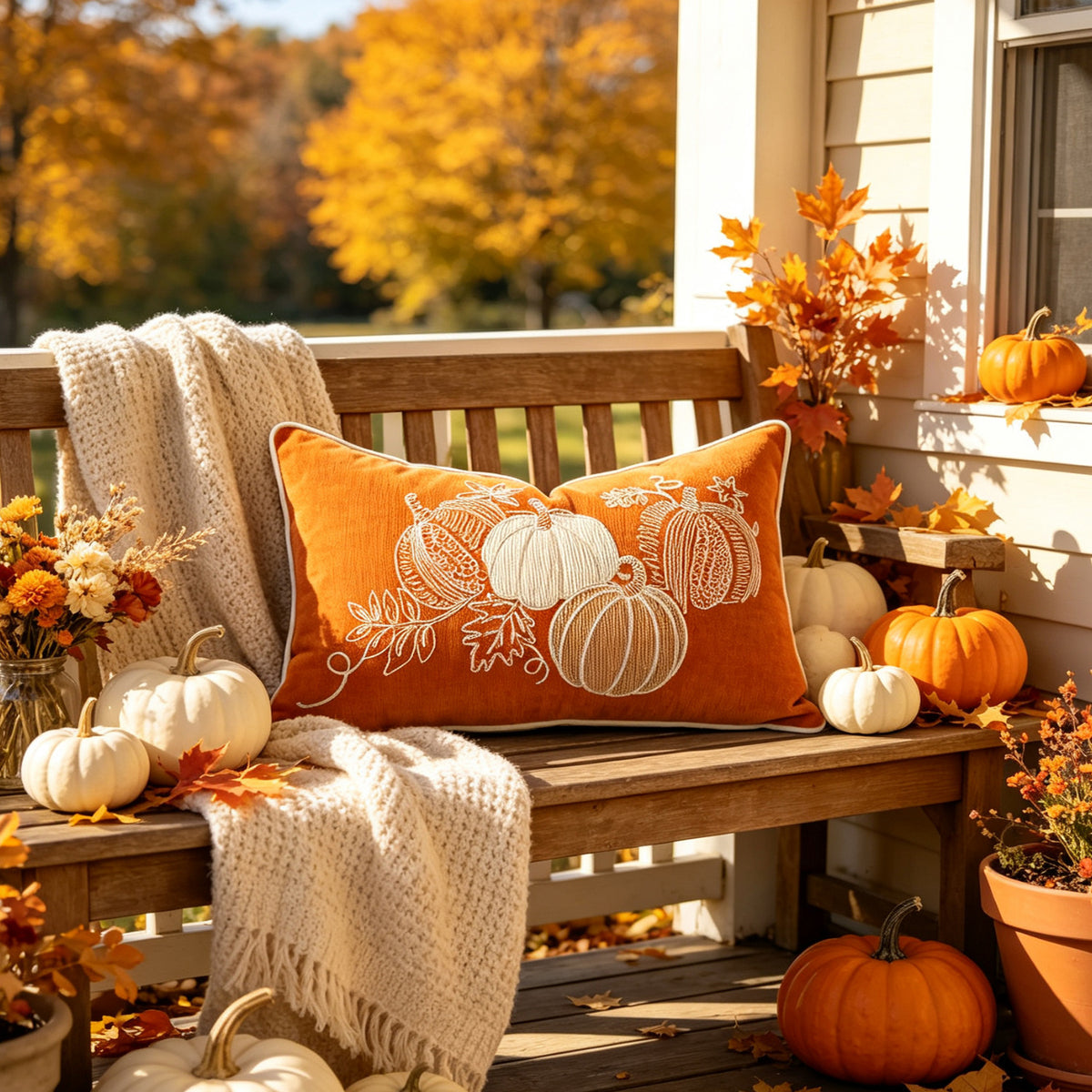 Autumn Pumpkin & Maple Leaf Decorative Pillow Cover