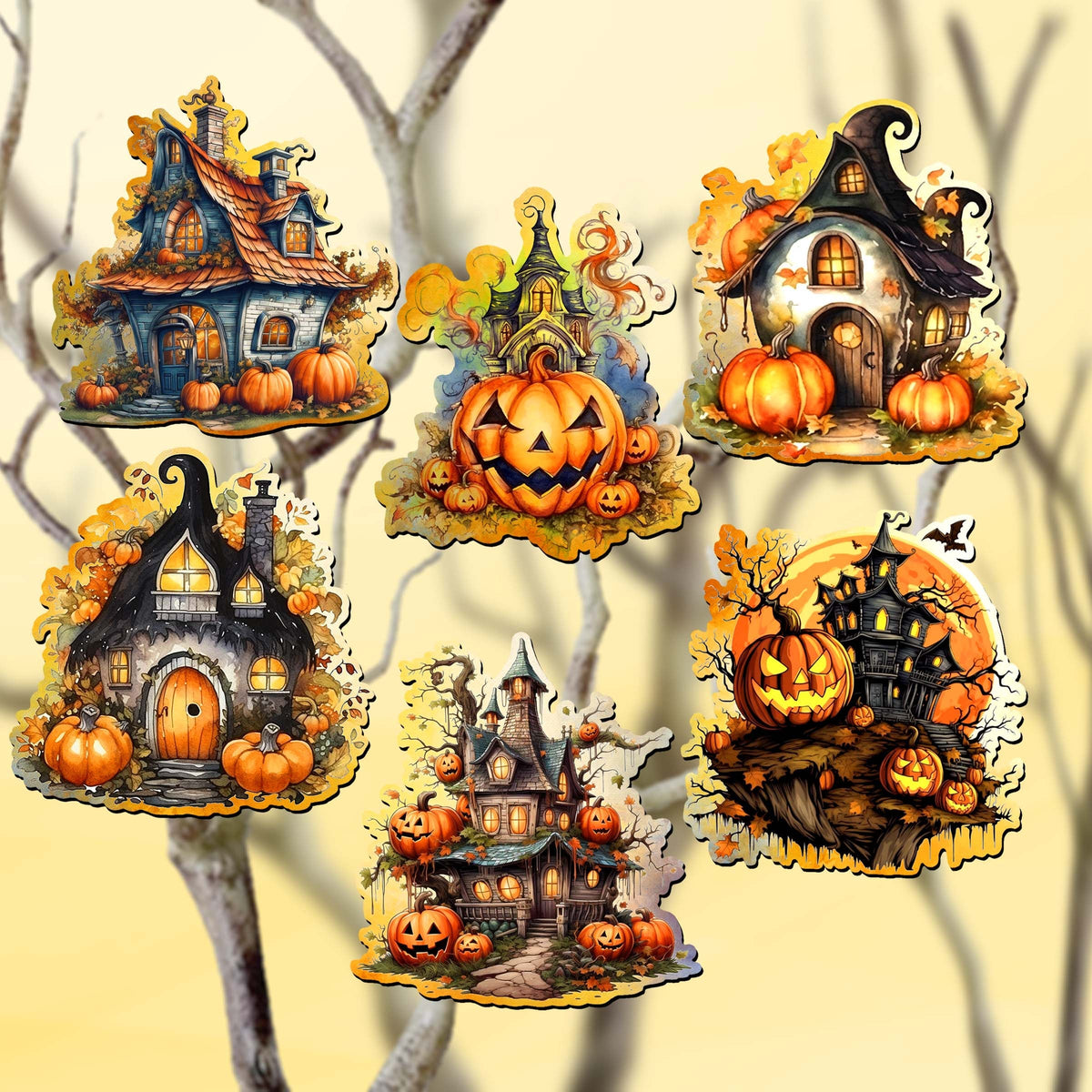Spooky Houses Wooden Clip Ornament Set – 6 Piece