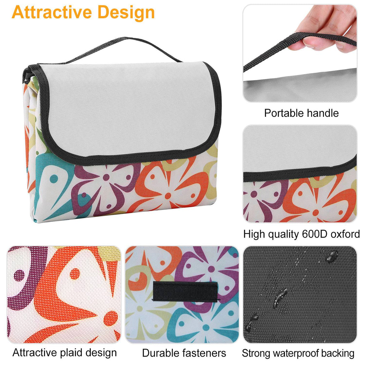 60" x 78" Waterproof Picnic Blanket Handy Mat with Strap Foldable Camping Rug for Camping Hiking Grass Travelling