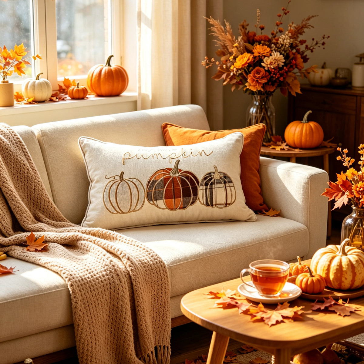 Autumn Pumpkin & Maple Leaf Decorative Pillow Cover