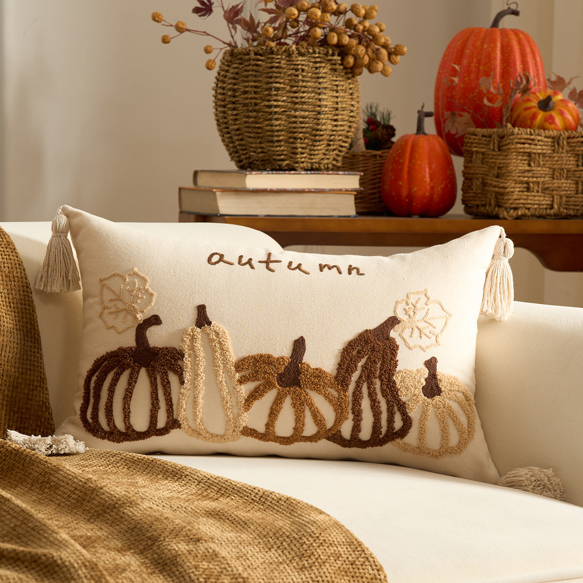 Autumn Pumpkin & Maple Leaf Decorative Pillow Cover