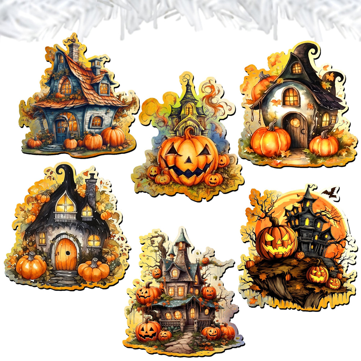 Spooky Houses Wooden Clip Ornament Set – 6 Piece