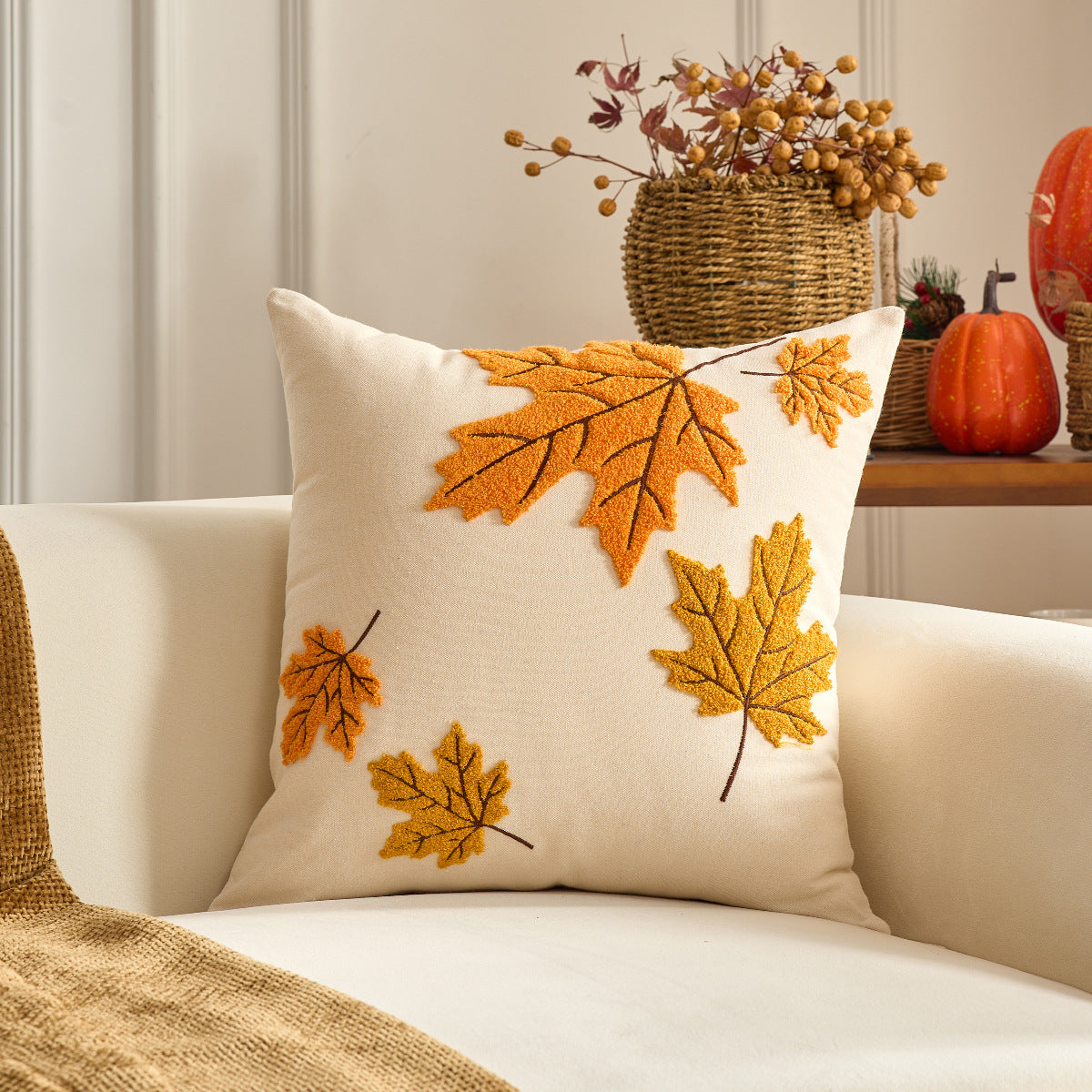 Autumn Pumpkin & Maple Leaf Decorative Pillow Cover